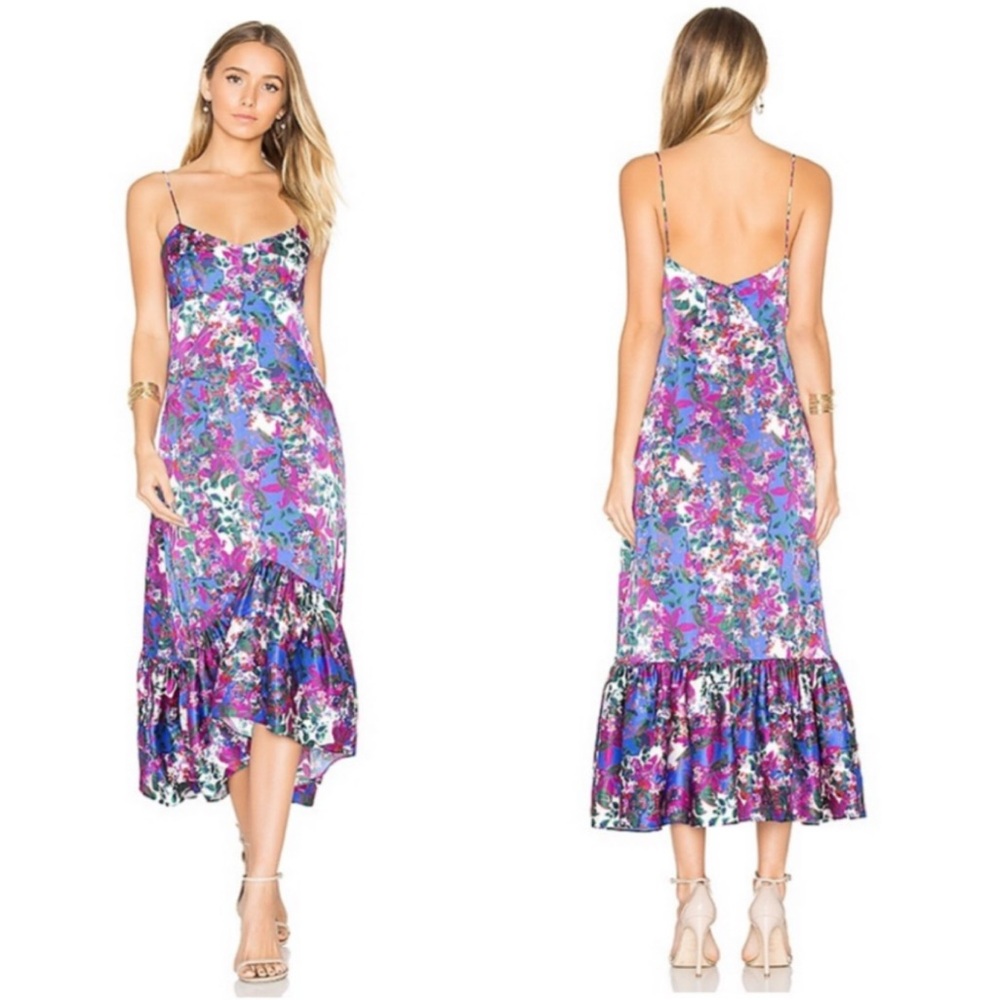 Saloni Ruffle Floral Ruffled Midi Inga Dress US 12 Azure Jungle Purple Pink Blue